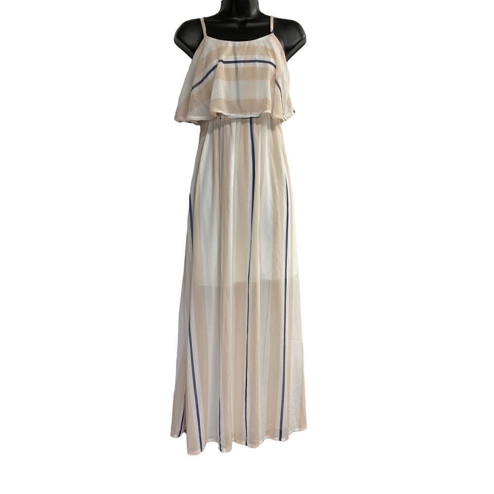 VYNCS Popular, Women’s Maxi Dress, cream, white and blue‎ striped, Size Medium